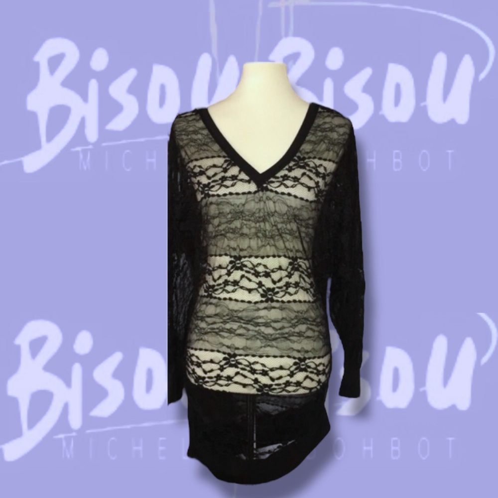 Bisou Bisou Sheer Black Lace Ruched Long Sleeve Medium Swim Beach Cover up